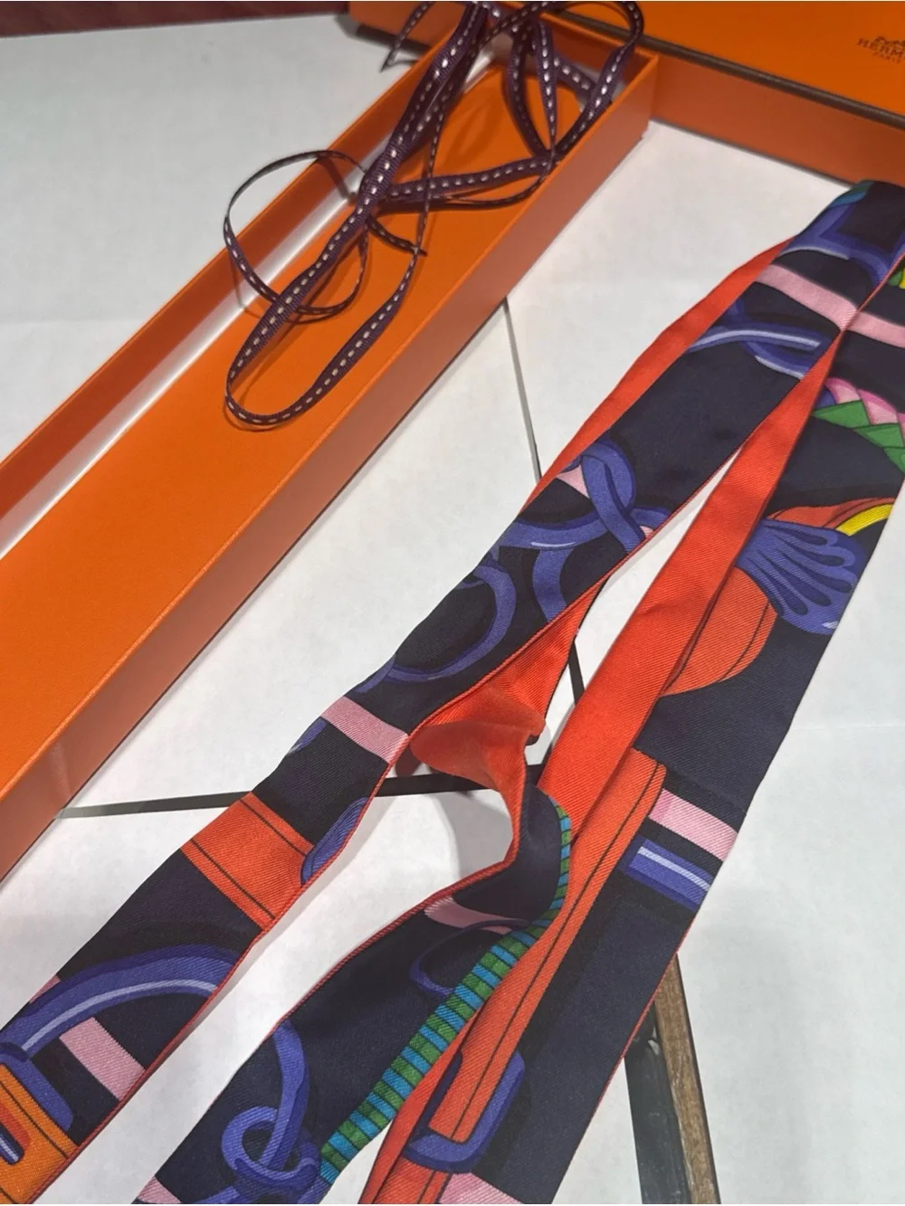 HERMES Twillon Scarf Silk Navy/Orange Original Box Great Gift